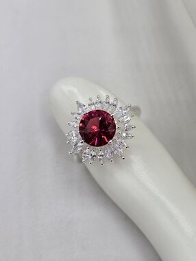 Swarovski Crystal Elements Silver Statement Ring Dark Pink Floral Size 7 Prom
